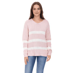 Aniston CASUAL Damen Strick-Pullover mit Baumwollanteil Alltags-Pullover Langarm-Shirt 74491342 Rosa/Weiß