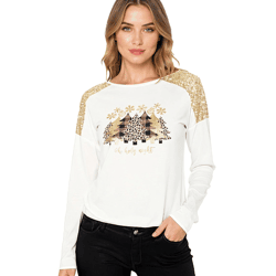 Damen Weihnachts-Pullover mit Pailletten und Rundhals-Ausschnitt Tannenbaum-Pullover Langarm-Shirt mit Glitzer 951396 Weiß