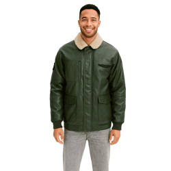 Men's Faux Leather Pilot Jacket—Stylish Outdoor Jacket with Teddy Collar 934067 Olive Green