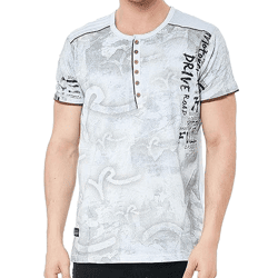 Herren T-Shirt mit Urban-Print Baumwoll-Oberteil Sommer-Rundhals-Shirt mit Knopfleiste R-15246 Hellgrau