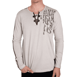Men's Long-Sleeve Shirt with Lettering, Summer Cotton Long-Sleeve Shirt with V-Neck, Casual Sweater R-10115 Beige