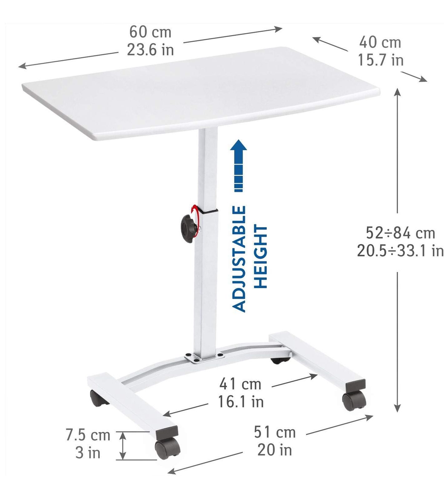 Tatkraft Cheer Laptop-Tisch h&ouml;henverstellbarer Arbeits-Tisch Laptop-St&auml;nder 360 Grad drehbare R&auml;der Bett-Tisch 40x60cm 10345 Wei&szlig;
