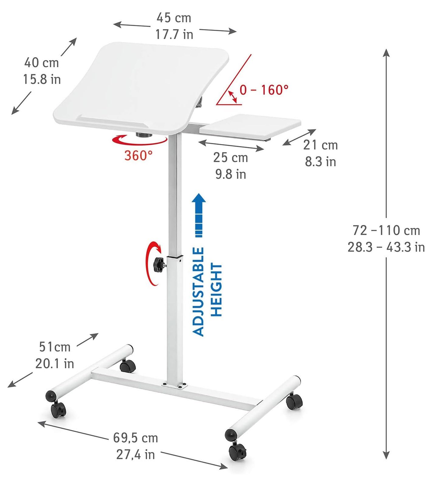 Tatkraft Bianca Laptop-Tisch h&ouml;henverstellbarer Arbeits-Tisch mit Mausablage Bett-Tisch 45x40cm 15708 Wei&szlig;