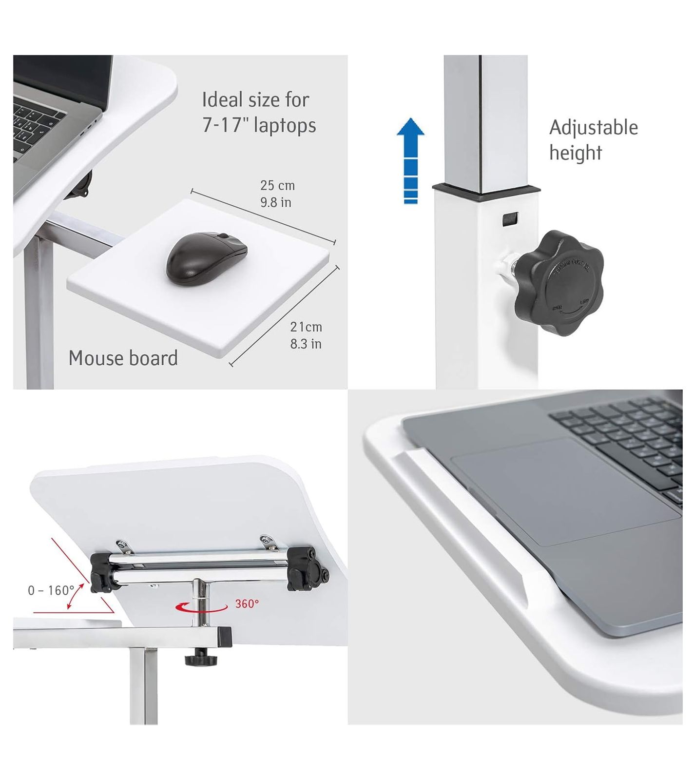 Tatkraft Bianca Laptop-Tisch h&ouml;henverstellbarer Arbeits-Tisch mit Mausablage Bett-Tisch 45x40cm 15708 Wei&szlig;
