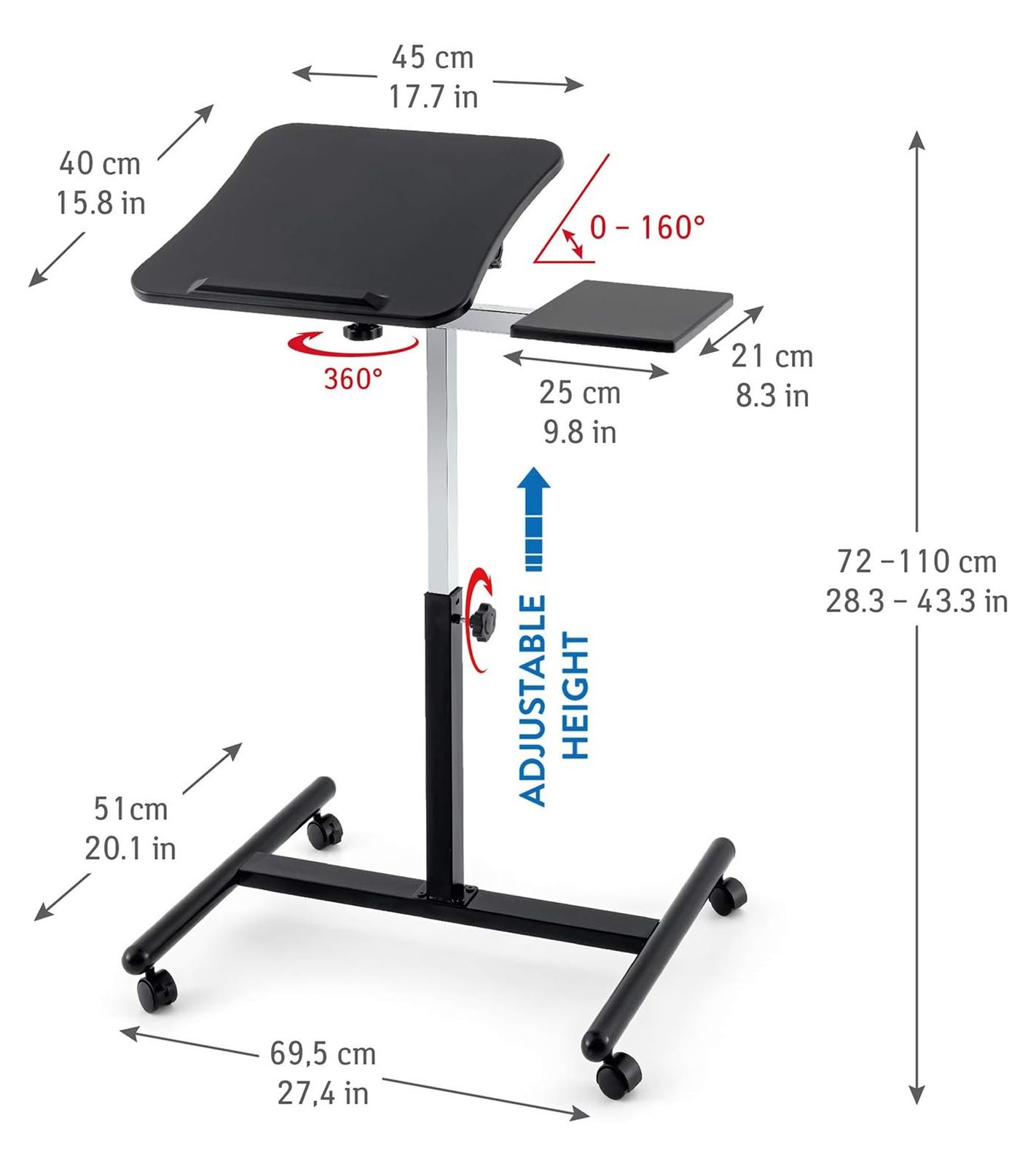 Tatkraft Vanessa Laptop-Tisch h&ouml;henverstellbarer Arbeits-Tisch mit Mausablage 360 Grad drehbare R&auml;der Bett-Tisch 40x45cm 13582 Schwarz