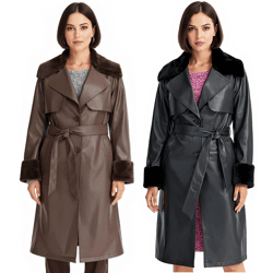 Damen Lederimitat-Mantel mit Teddyfell Kragen Kunstlammfell-Jacke Herbst-Mantel 914589 Braun oder 957801 Schwarz