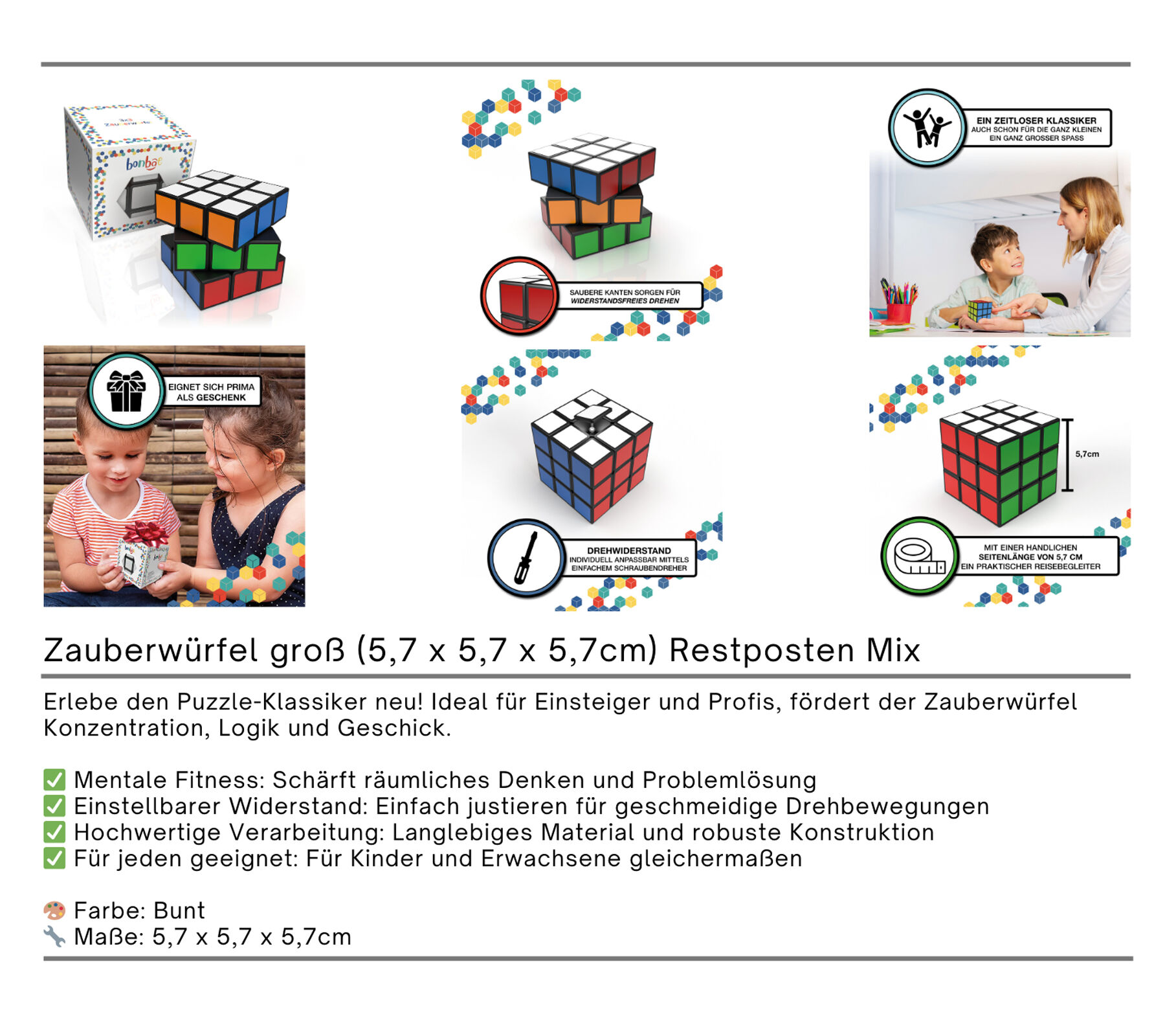 bonbae&nbsp;Zauberw&uuml;rfel 3x3 f&uuml;r Kinder und Erwachsene Puzzle-Spiel f&ouml;rdert Konzentration Logik und Geschick Lern-Spiel Schwarz/Bunt