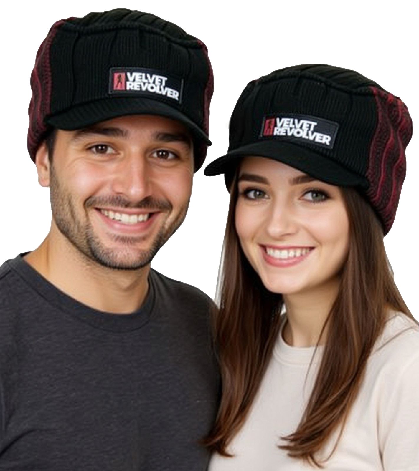 Velvet Revolver Unisex Schirm-Beanie mit Schriftzug Beanie Freizeit-M&uuml;tze KC101466VLR Schwarz/Rot