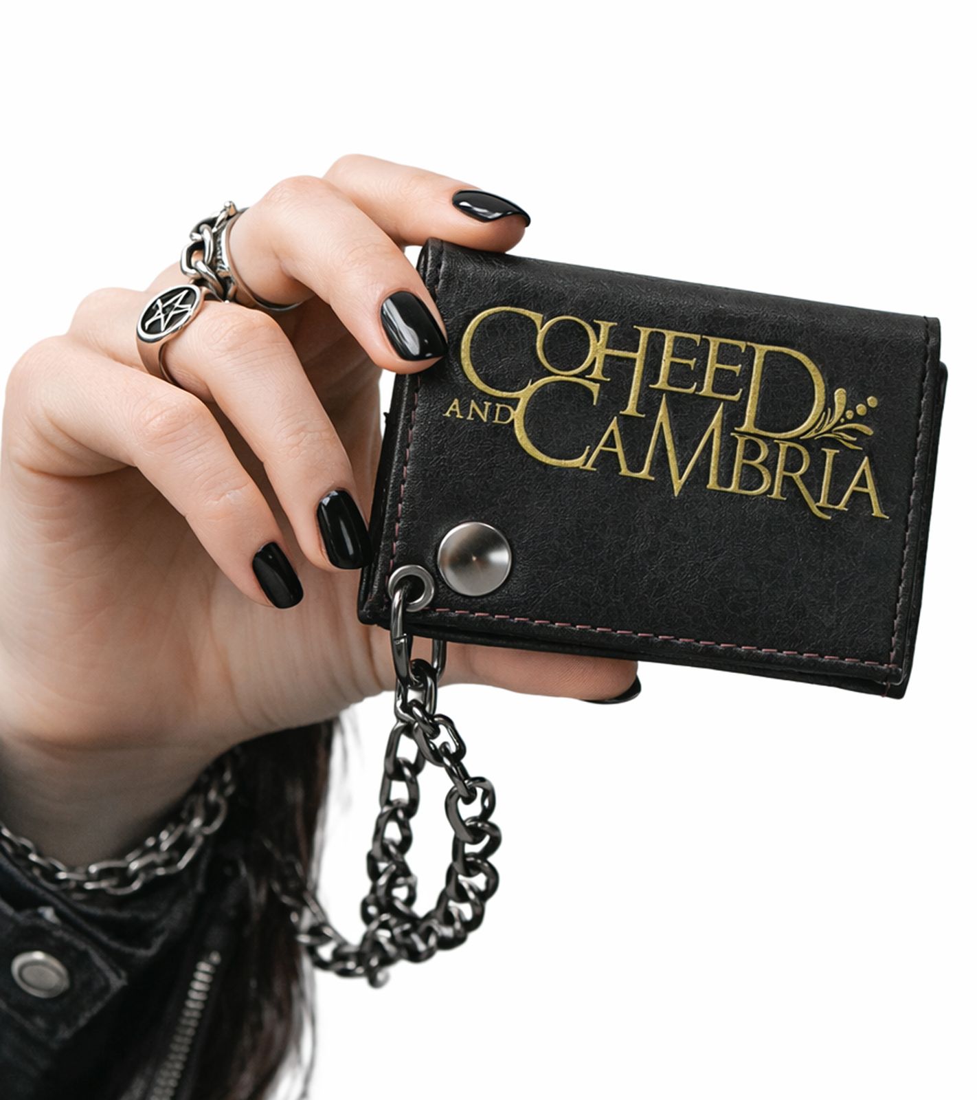COHEED AND CAMBRIA Leder-Geldb&ouml;rse mit Logo-Motiv Metalldruckkn&ouml;pfen und Kette Rockiger Gothic-Style LW105544COH0 Schwarz/Gold