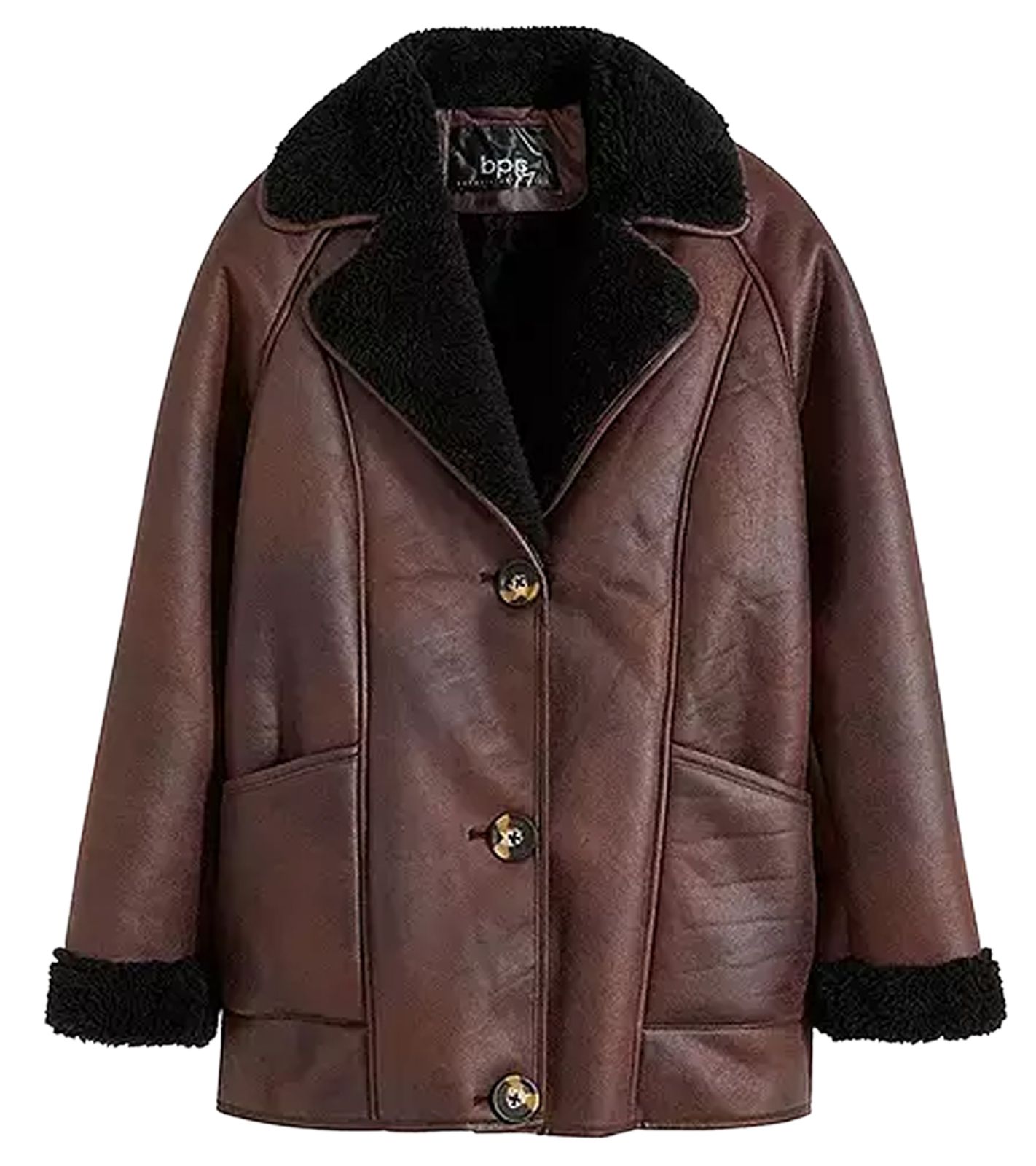 nachhaltige Damen Lederimitat-Jacke mit Kunstlammfell-Kragen Oversized-Jacke 950768 Braun