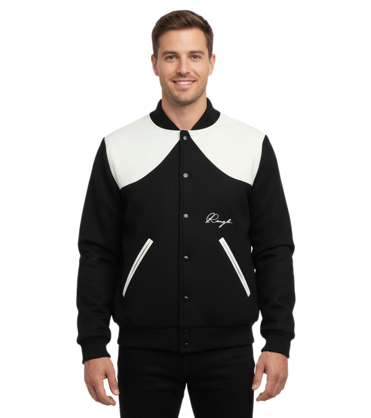 ROUGH. Herren Collegejacke mit Leder-Details stylische Leder-Jacke Schwarz/Wei&szlig;