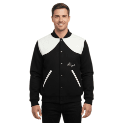 ROUGH. Herren Collegejacke mit Leder-Details stylische Leder-Jacke Schwarz/Weiß