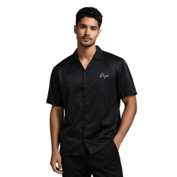 Elegantes ROUGH. Herren-Kurzarmhemd im Satin-Look mit minimalistischer Logo-Stickerei in Schwarz