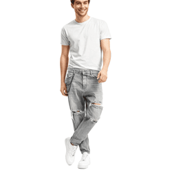 2Y Premium Quinn Herren Karotten-Jeans im Destroyed-Look Baumwoll-Hose inklusive Schlüsselkette Denim-Hose Grau