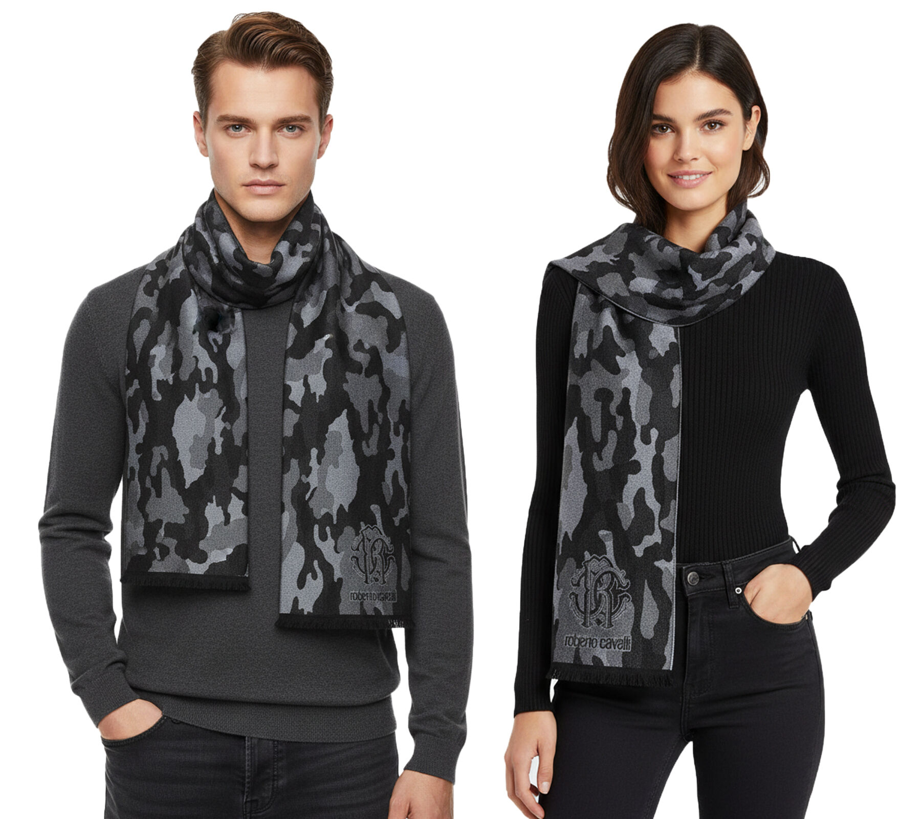 edler roberto cavalli Schal f&uuml;r Damen und Herren Halstuch aus reiner Wolle WOV06600004-01198 Schwarz/Grau