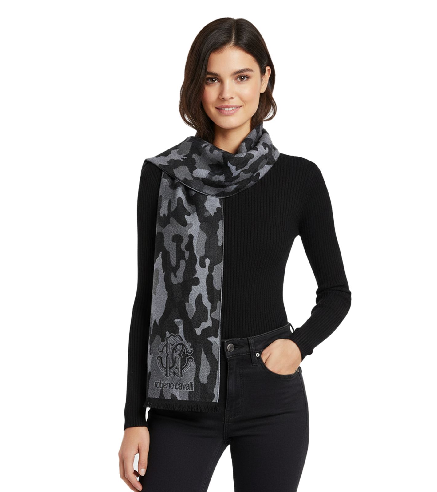 edler roberto cavalli Schal f&uuml;r Damen und Herren Halstuch aus reiner Wolle WOV06600004-01198 Schwarz/Grau