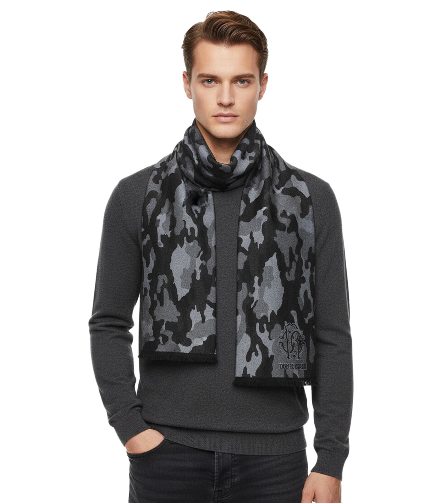edler roberto cavalli Schal f&uuml;r Damen und Herren Halstuch aus reiner Wolle WOV06600004-01198 Schwarz/Grau