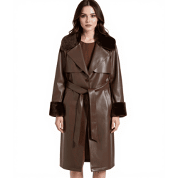 nachhaltiger Damen Lederimitat-Mantel mit Kunstfell Kragen Kunstleder-Jacke Herbst-Mantel 930388 Braun