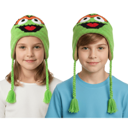 Sesamstraße Oskar aus der Tonne Mütze Kinder Beanie mit Zöpfen KC148220SES Grün