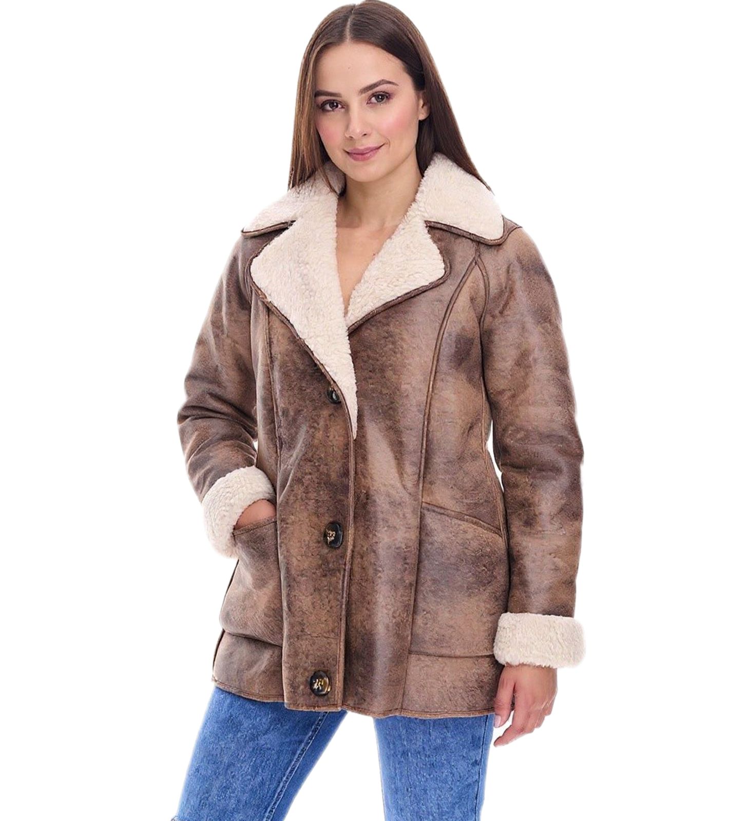 nachhaltige Damen Lederimitat-Jacke mit Kunstlammfell-Kragen Oversized-Jacke Gro&szlig;e Gr&ouml;&szlig;en 970065 Braun