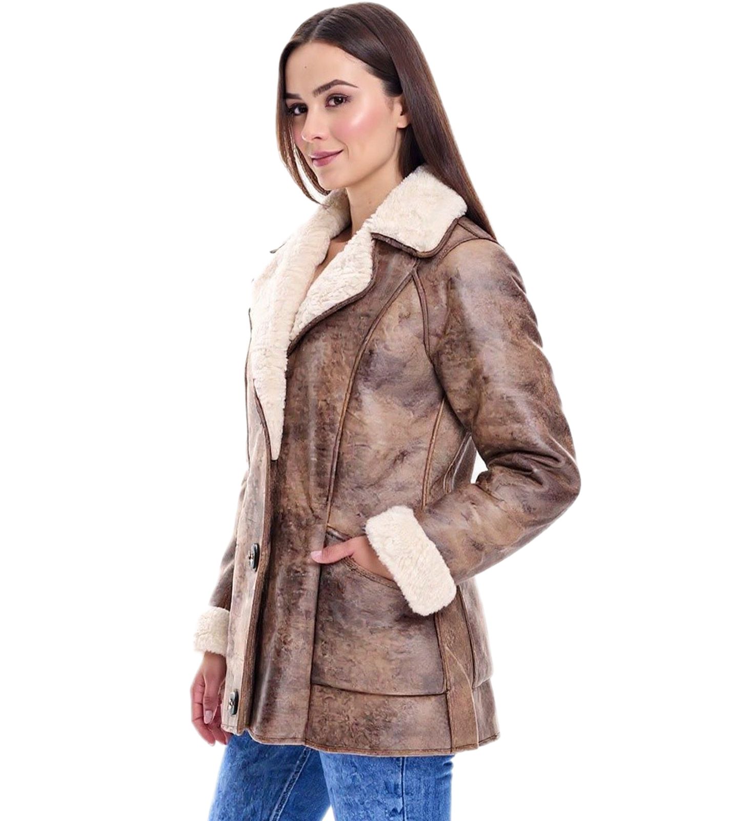nachhaltige Damen Lederimitat-Jacke mit Kunstlammfell-Kragen Oversized-Jacke Gro&szlig;e Gr&ouml;&szlig;en 970065 Braun