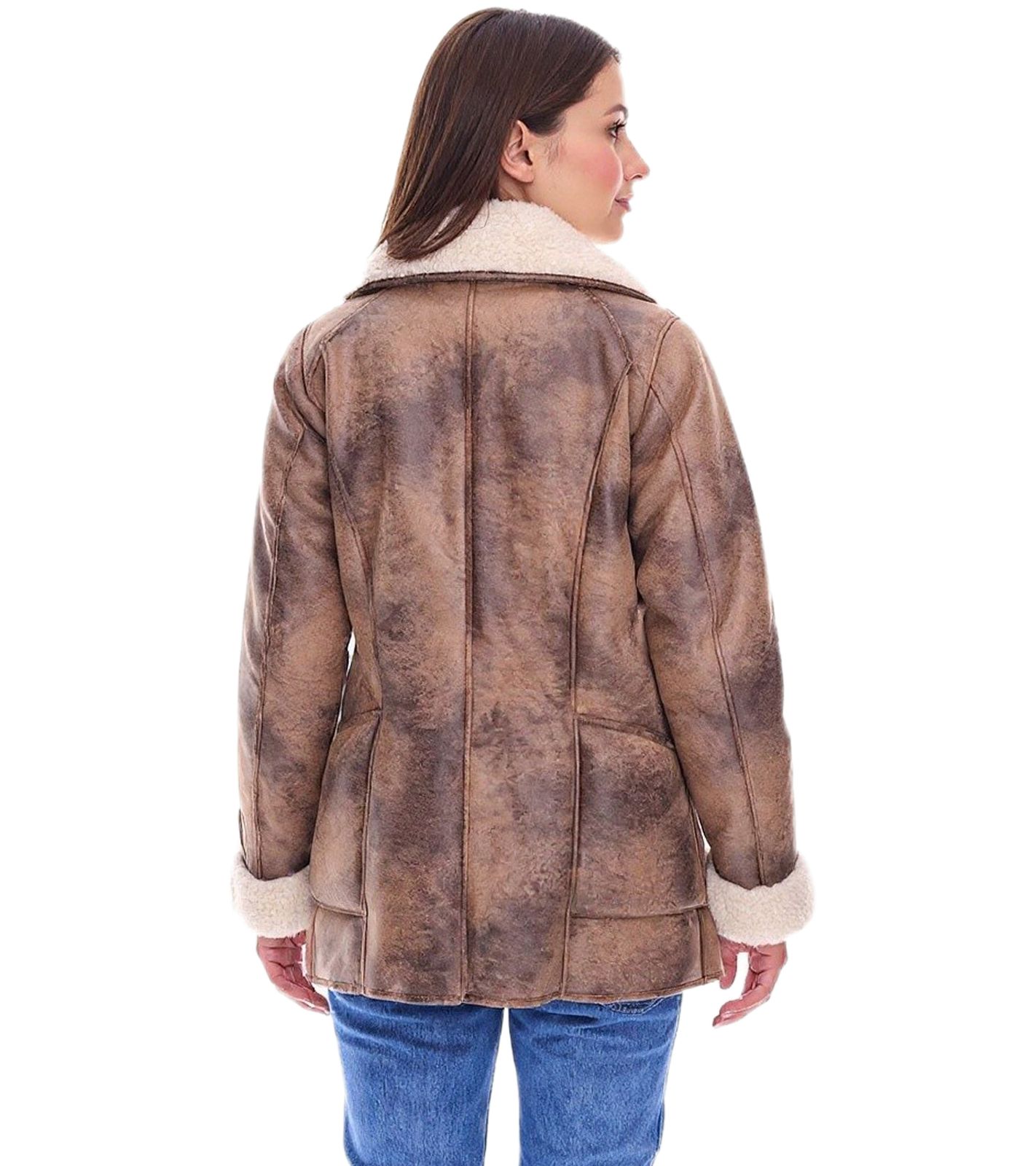 nachhaltige Damen Lederimitat-Jacke mit Kunstlammfell-Kragen Oversized-Jacke Gro&szlig;e Gr&ouml;&szlig;en 970065 Braun