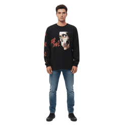 RE:COVERED X Studio Canal Evil Dead 2 Herren Langarm-Shirt mit Horror-Gesichtsprint Baumwoll-Longsleeve Pullover RCSTC115 Schwarz