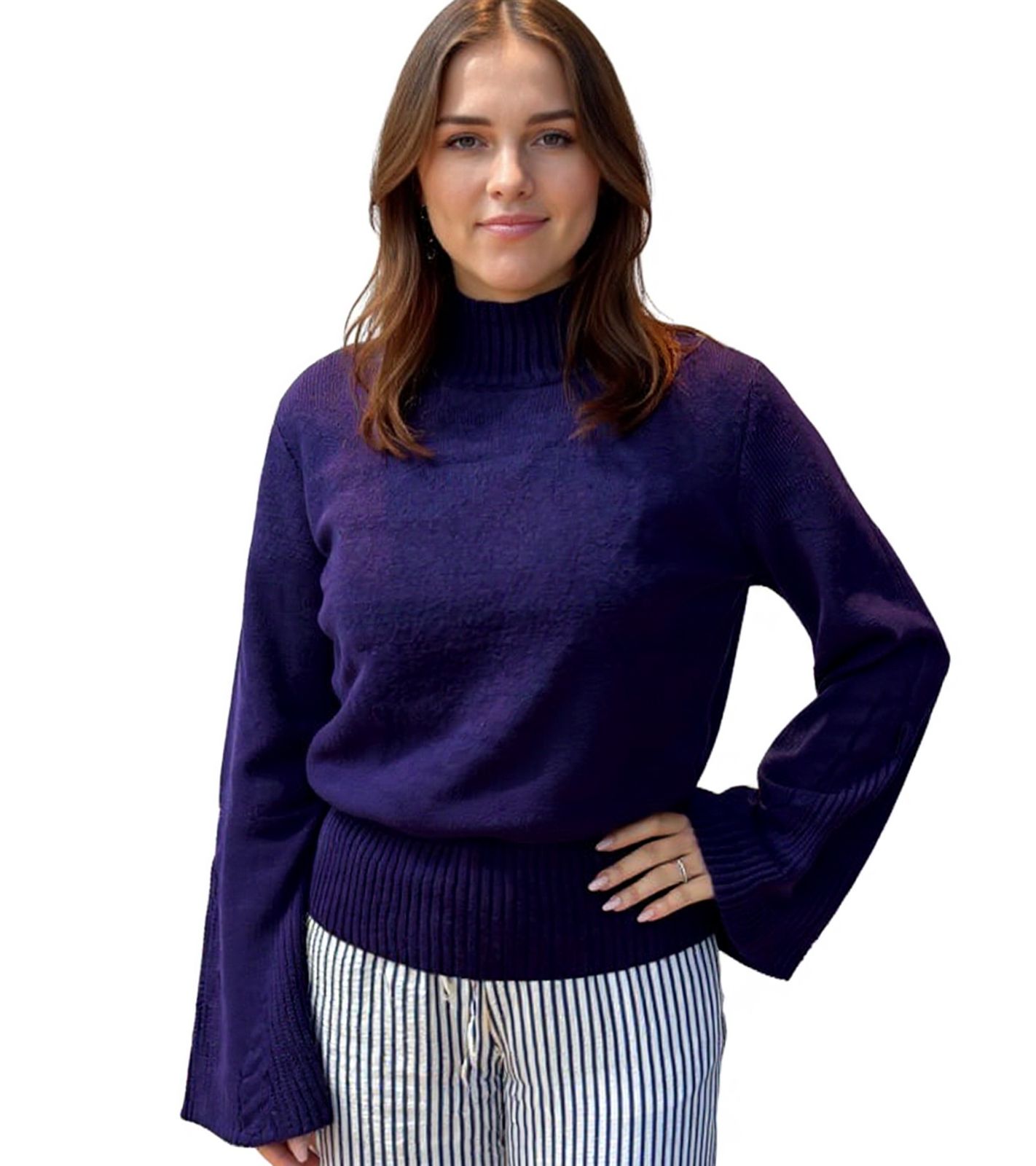 Women's Sweatshirt, Knit Sweater with Trumpet Sleeves, Summer Sweater, Long-Sleeve Shirt 920021 Purple