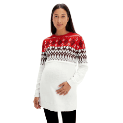 Damen Pullover kuscheliger Umstands-Pulli Schwangerschafts-Kleidung im Norweger-Design 920178 Rot/Beige/Weiß