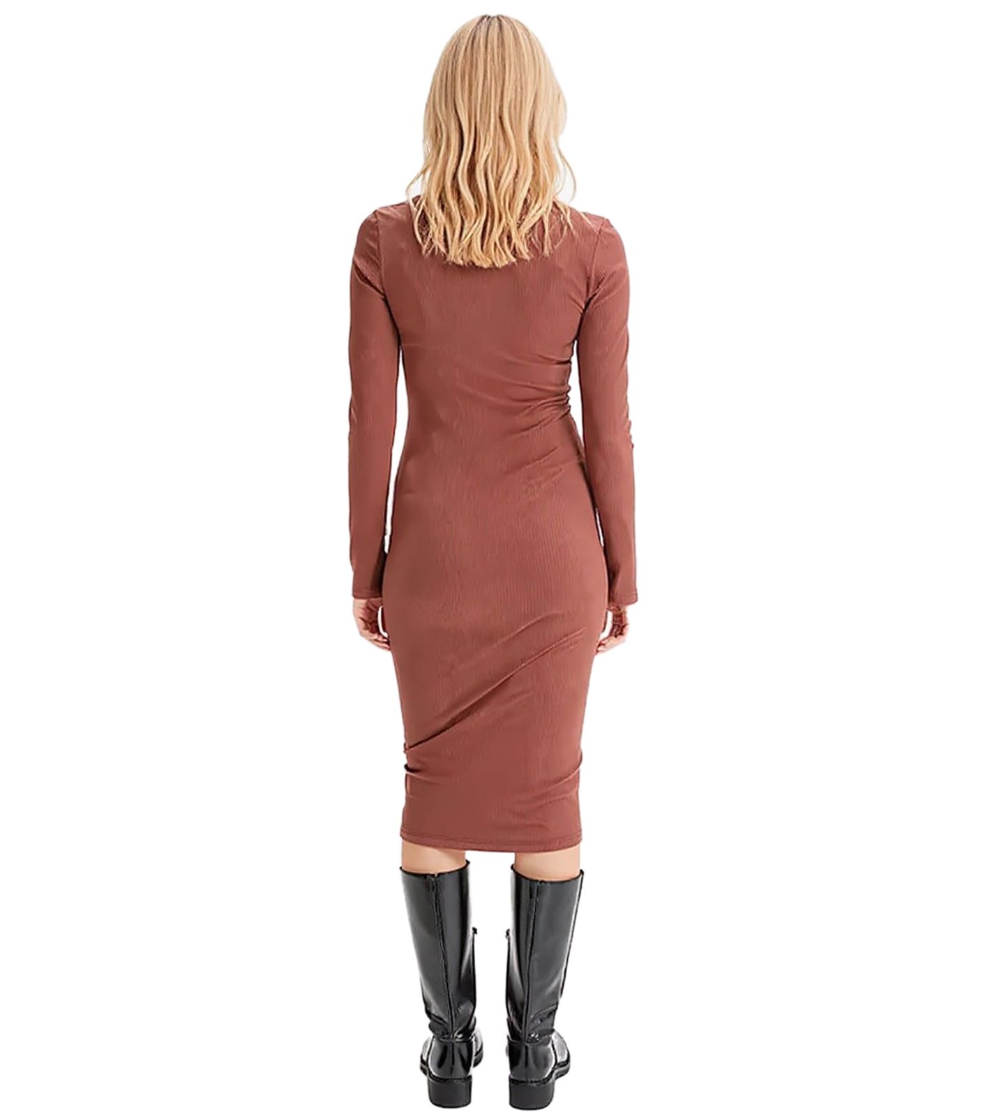 elegantes Damen Kleid Business-Kleid mit Rundhals-Ausschnitt Langarm-Kleid 961739 Braun