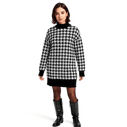 Damen Strick-Kleid mit Hahnentritt-Muster Mini-Kleid mit langen Ärmeln und Stehkragen 914658 Schwarz/Weiß
