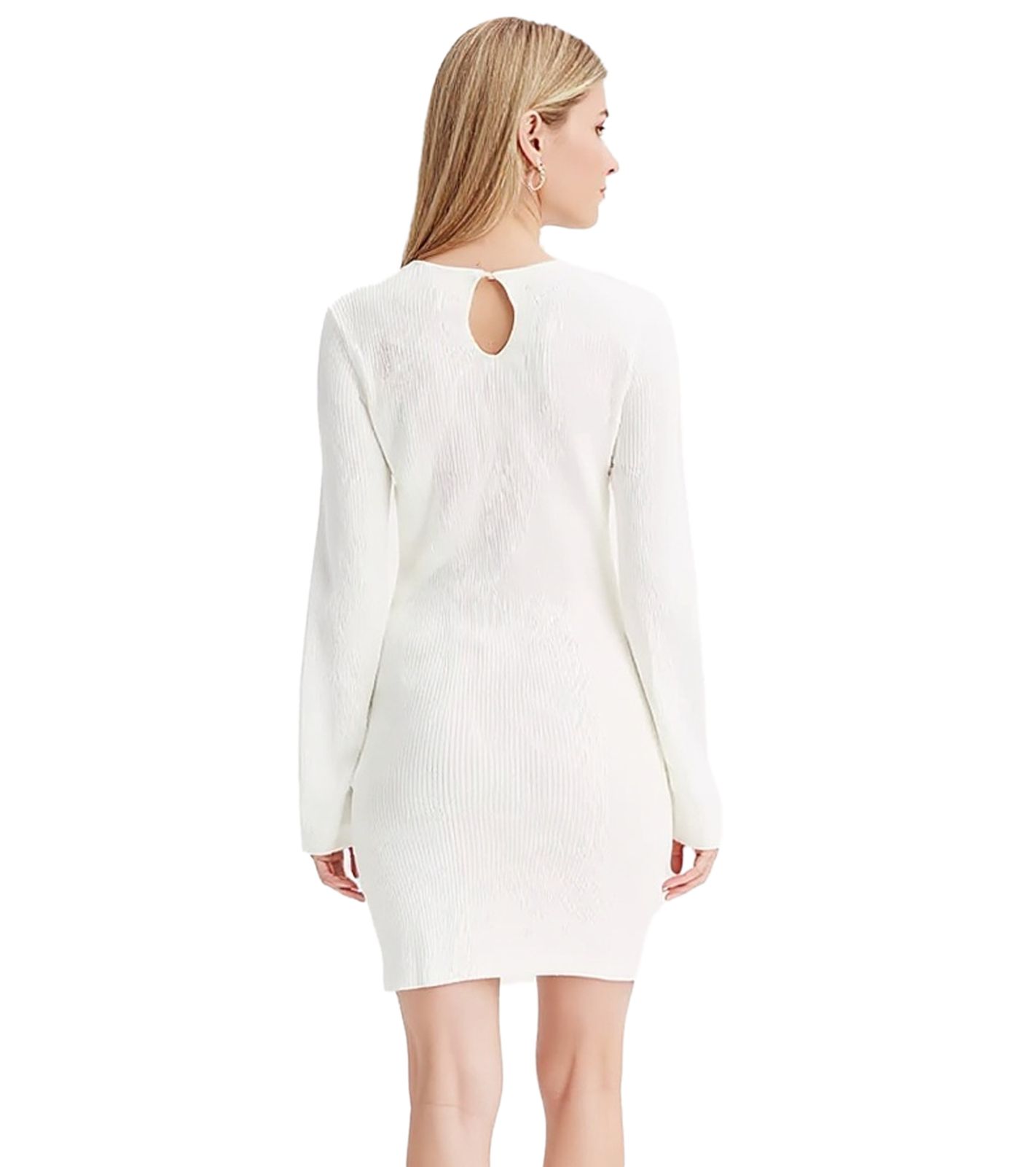 elegantes Damen Strick-Kleid Business-Kleid mit Rundhals-Ausschnitt Langarm-Kleid 955551 Wei&szlig;