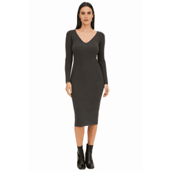Damen Midi-Kleid mit Rippenstrick Langarm-Kleid schmales Strick-Kleid 933773 Grau