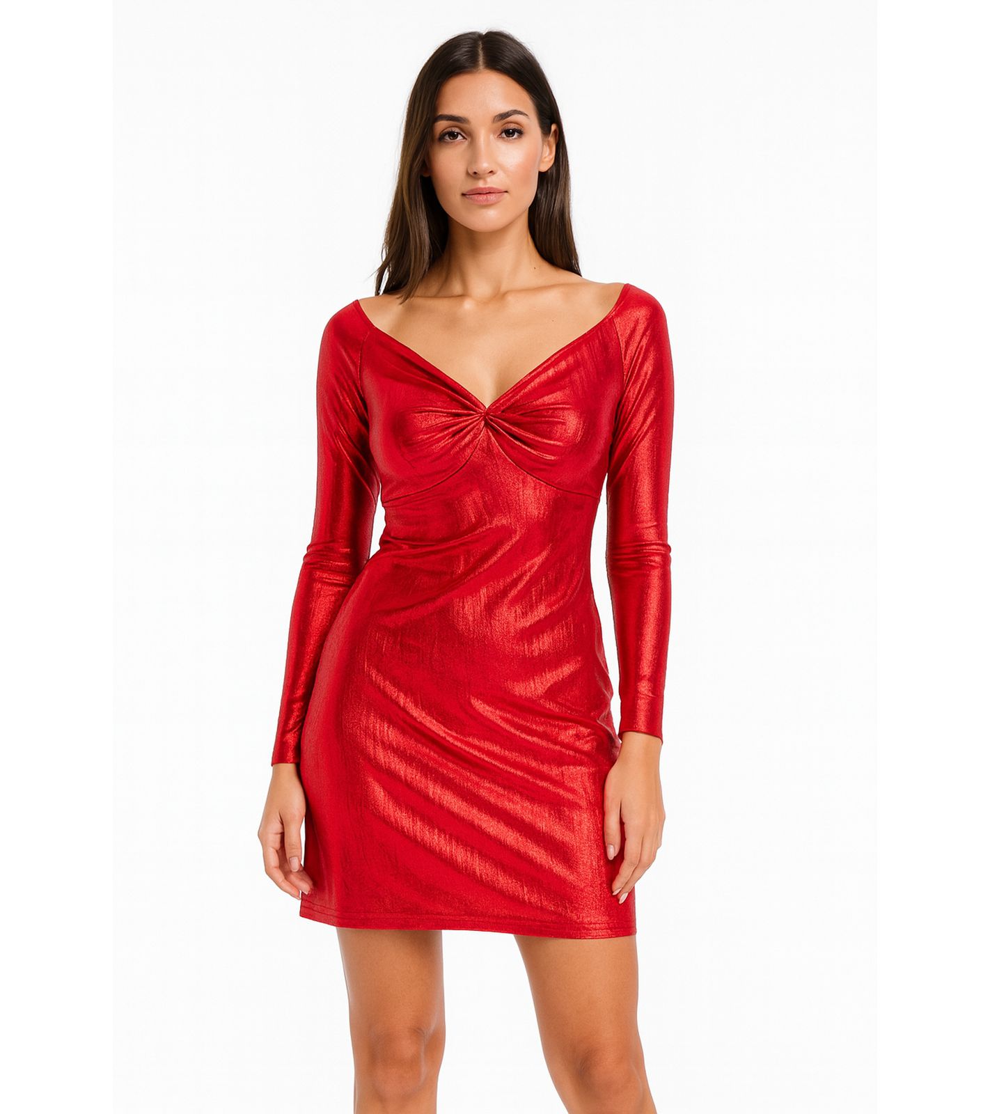 elegantes Damen Jersey-Kleid mit Metallic-Effekt Abend-Kleid mit langen &Auml;rmeln 922945 Rot
