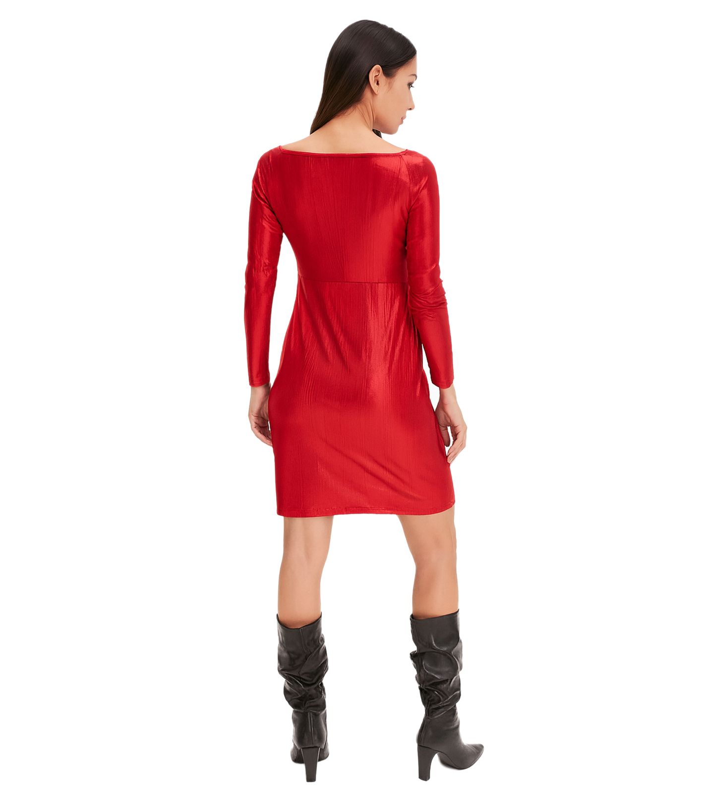 elegantes Damen Jersey-Kleid mit Metallic-Effekt Abend-Kleid mit langen &Auml;rmeln 922945 Rot
