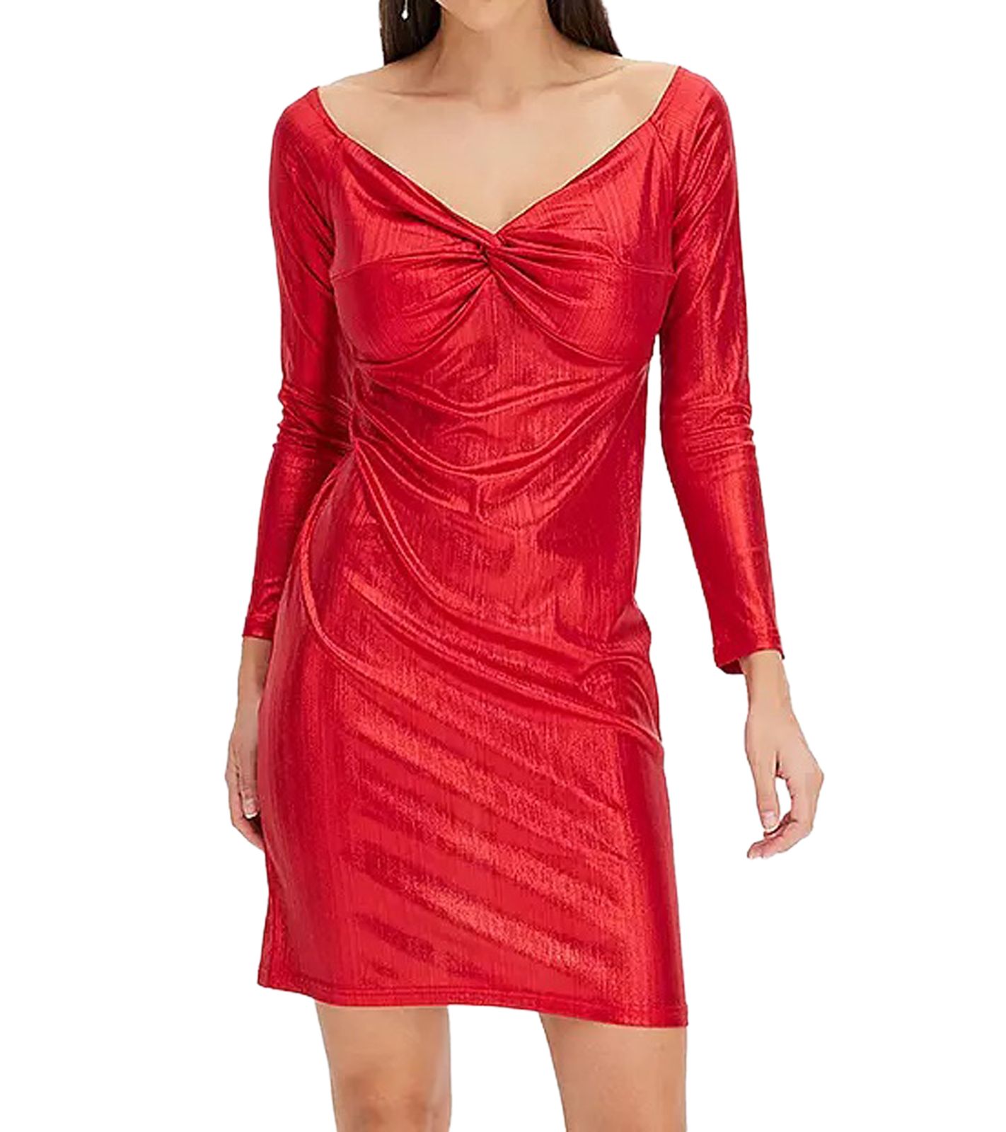 elegantes Damen Jersey-Kleid mit Metallic-Effekt Abend-Kleid mit langen &Auml;rmeln 922945 Rot