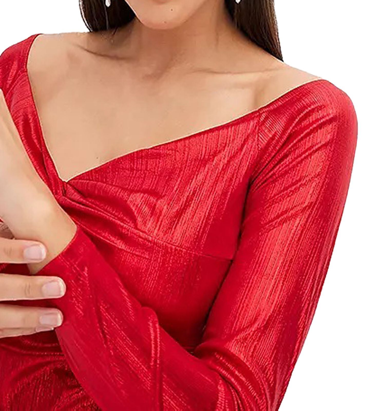 elegantes Damen Jersey-Kleid mit Metallic-Effekt Abend-Kleid mit langen &Auml;rmeln 922945 Rot