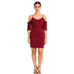 Damen Spitzen-Kleid schulterfreies Mini-Kleid mit dünnen, verstellbaren Trägern 951142 Burgunder-Rot