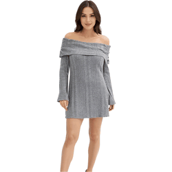 Damen Strick-Kleid mit Bardot-Ausschnitt Mini-Kleid Schulterfrei 912333 Grau