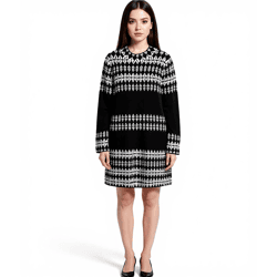 Damen Strick-Kleid mit Fairisle-Print Langarm-Kleid Herbst-Kleid 923627 Schwarz/Weiß