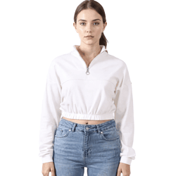 ZEGY Damen Crop-Pullover Half Zip Langarm-Shirt Baumwoll-Pulli Cropped 1073 Weiß