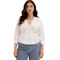 Damen Sommer-Bluse mit Bindeband und taillierter-Saum Sommer-Shirt 968082 Weiß