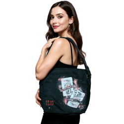 ALCHEMY UL13 Damen Messenger-bag Umhängetasche mit Print und Logo Stickereien Baumwoll-Tasche schwarz