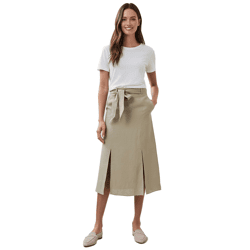 romantischer Damen Sommer-Rock mit Bindegürtel aus reinem Leinen Midi-Rock 927542 Khaki
