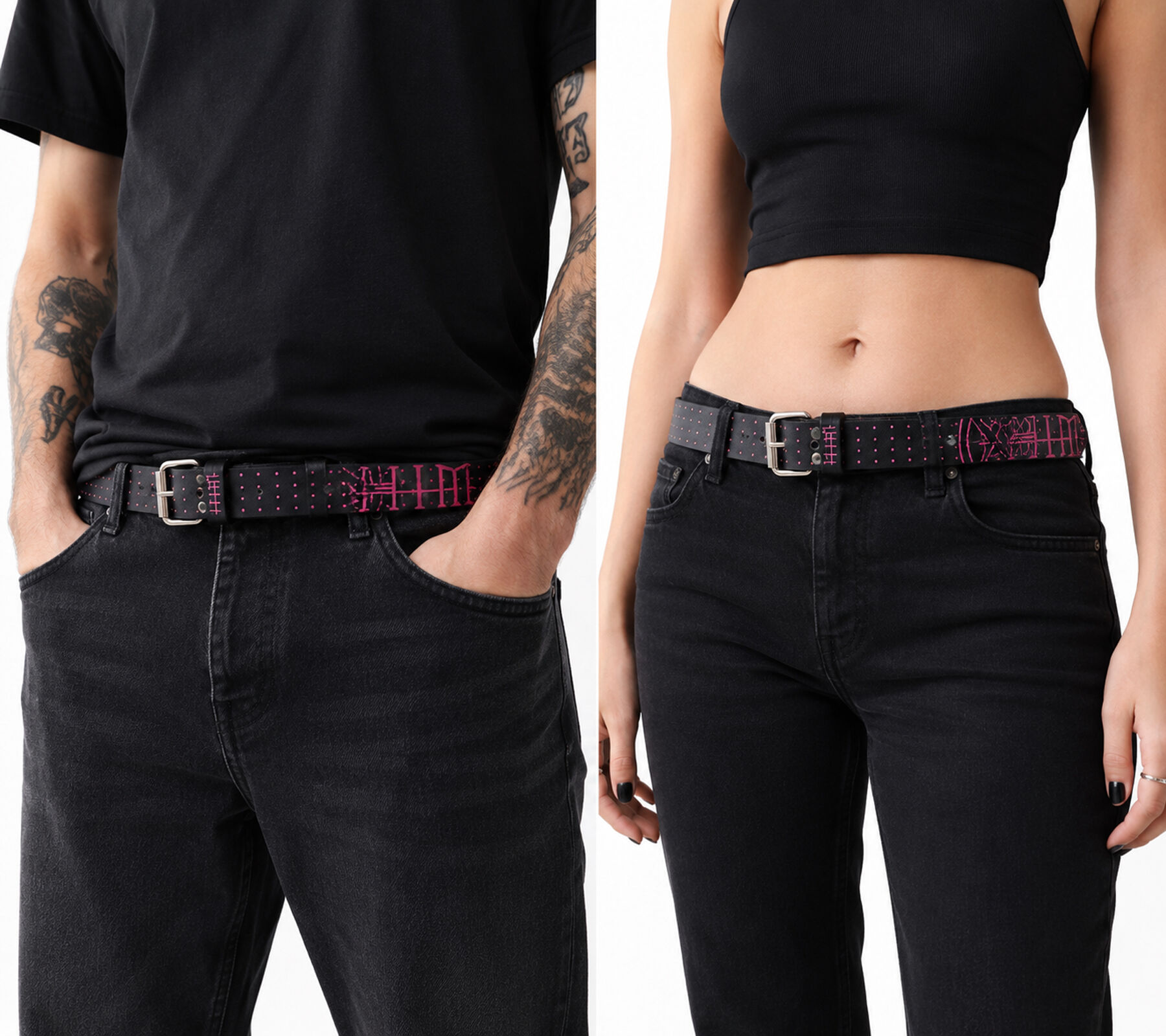 HIM G&uuml;rtel Echtleder-G&uuml;rtel mit Band-Schriftzug stylischer Freizeit-G&uuml;rtel L&auml;nge 110cm Schwarz/Lila 