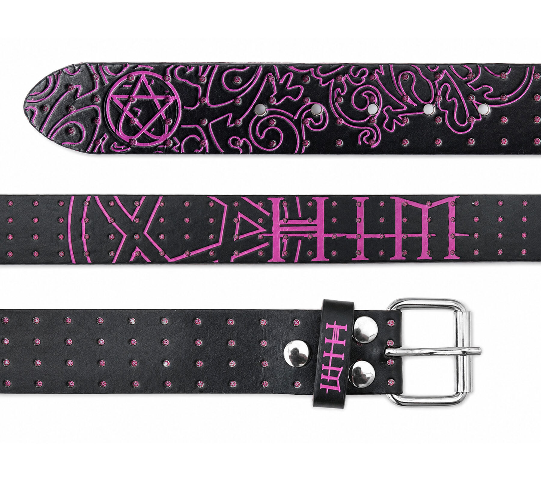 HIM G&uuml;rtel Echtleder-G&uuml;rtel mit Band-Schriftzug stylischer Freizeit-G&uuml;rtel L&auml;nge 110cm Schwarz/Lila 
