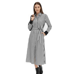 klassisches Damen Midi-Kleid Hemdblusen-Kleid im Streifen-Design Baumwoll-Kleid 934129 Schwarz/Weiß