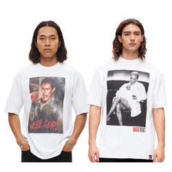 RE:COVERED X Studio Canal Men's T-Shirt: EVIL DEAD 2 or BASIC INSTINCT Cotton T-Shirt with Large Print, Crew Neck RCSTC12 White