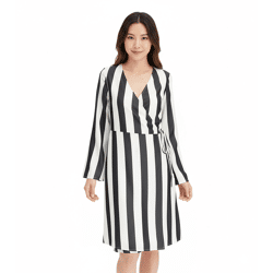 Schönes Streifenkleid für Damen Wickel-Kleid mit V-Ausschnitt Mini-Kleid 978829 Schwarz/Weiß