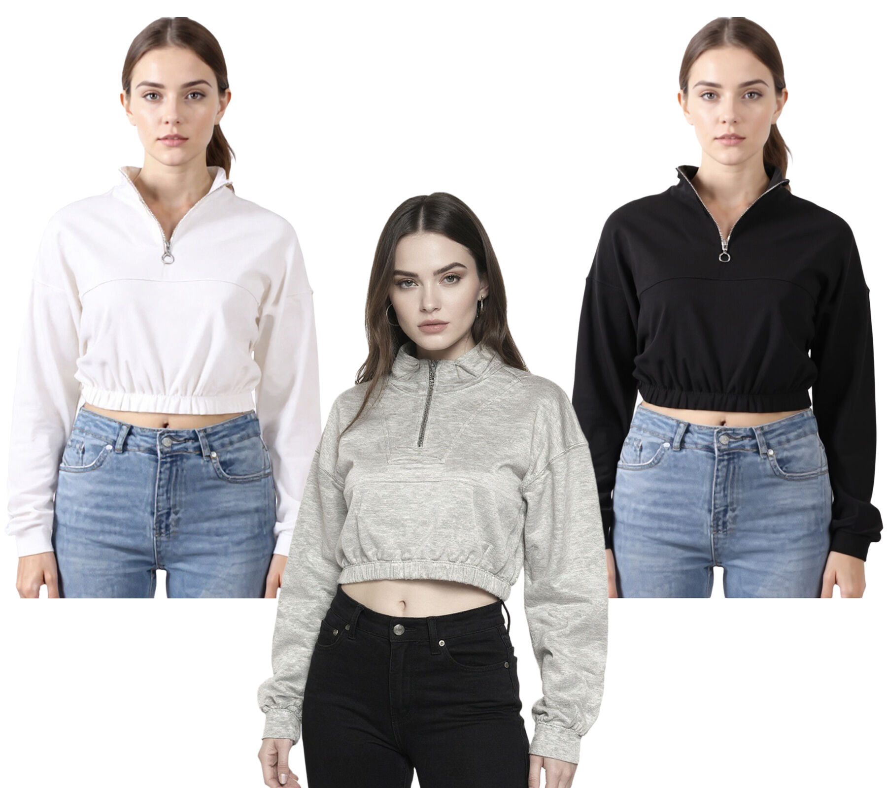 ZEGY Women's Crop-Top Half-Zip Long-Sleeve Shirt, Cotton Sweater, Cropped 1073 in White, Black, or Silver